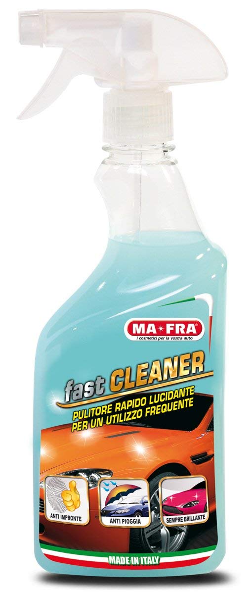 Ma-Fra Kit detergente per Trattamento Auto Interno ed Esterno. 3IN1 PLASTICA-LAST TOUCH-FAST CLEANNER -CERCHI & GOMME -3IN 1 PELLE -KILLER INSETTI, INSIEME 7 PANNI MICROFIBRA MULTIUSO 30x35 cm