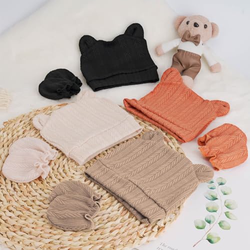 Image of BQUBO Newborn Baby Hats Bear Ears and Mittens Sets Preemie Caps Baby Boy Girl Infant Hospital Beanie for 0-3 Months