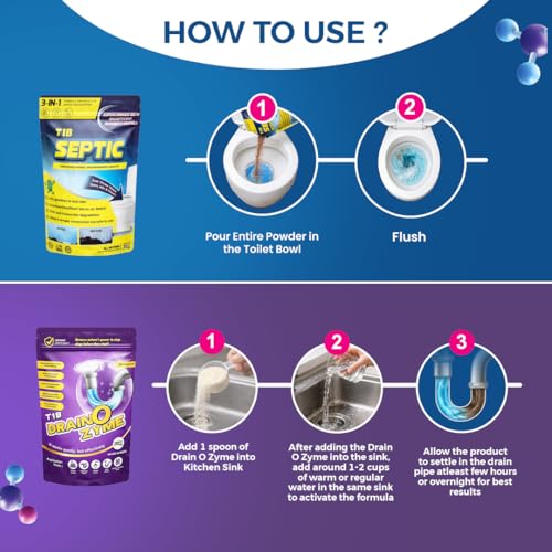 Image of T1B Septic Cleaner & Drain O Zyme Combo Pack | Eliminates Odor, Prevents Clogs | 3-In-1 Formula Degrades Kitchen, Bathroom & Toilet Waste | Pack of 2 (500 gram)