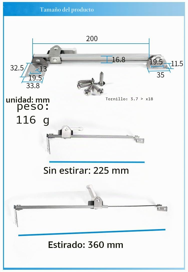 2 cierres telescópicos ajustables para ventana, tope de ventana, pestillo de ventana, soporte resistente al viento