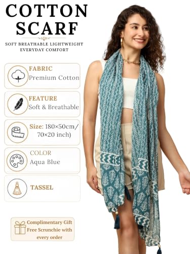 Image of KE KANHA EXPORTS Scarf for Women Premium Cotton Boho | Dual Tone Border Print Stole with Tassels | Lightweight Summer Beach Wrap 180 x 50 cm FREE Scrunchie Included