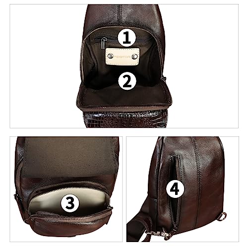 Image of Genuine Leather Sling Bag Embossed Crocodile Pattern Leather Crossbody Sling Backpack Handmade Chest Purse Daypack (Coffee)