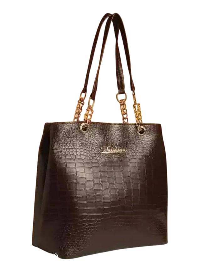 Image of Women's Structured Handbag | Premium Croc-Texture Tote Bag with Chain Handle | Stylish Office & Daily Use Ladies Shoulder Bag