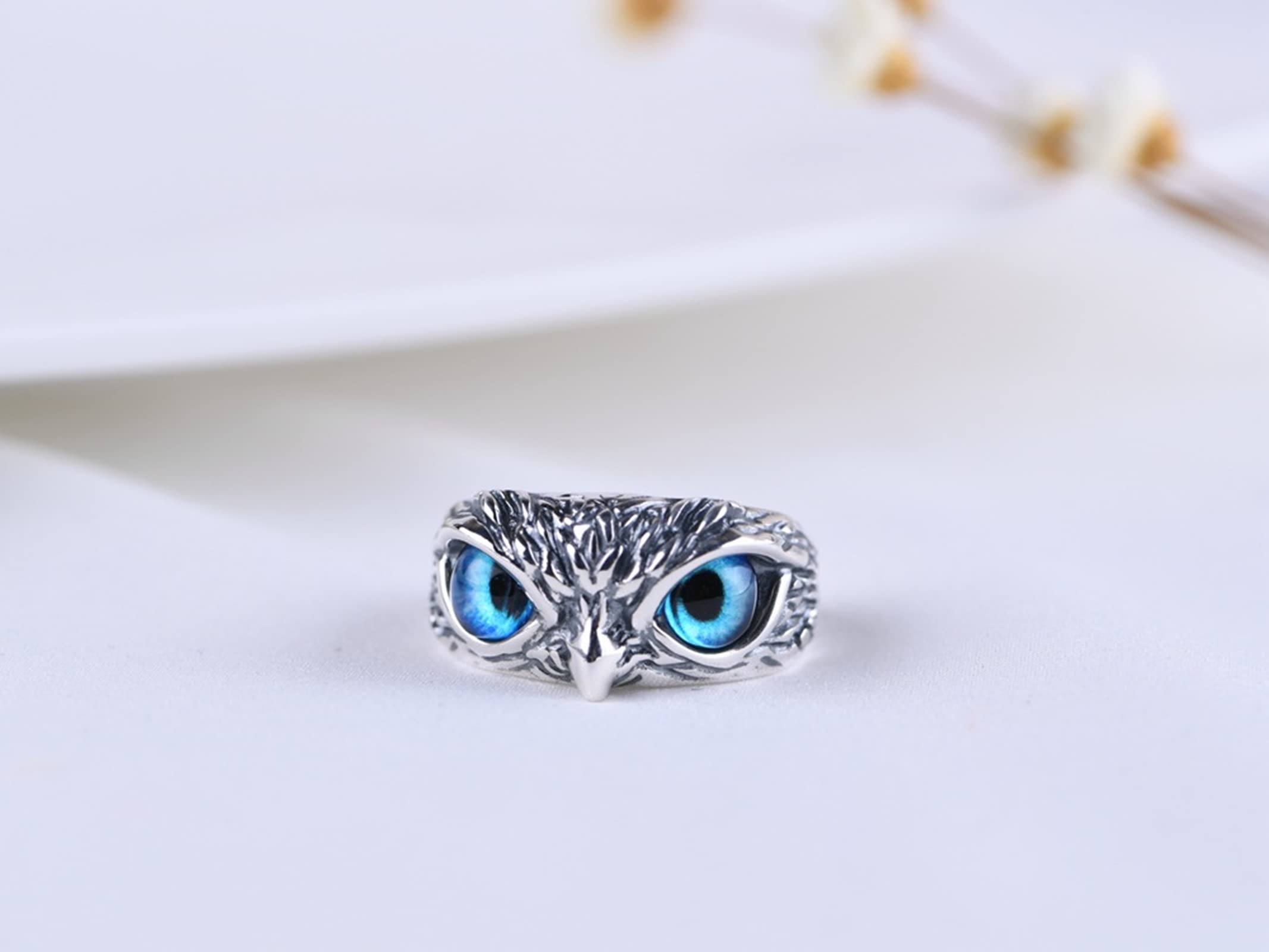 KnSam Ringe Sterling Silber 925, Eule Form Ring Silber Junge für Herren, Band Ring mit Stein Blau, Echt Silber Schmuck