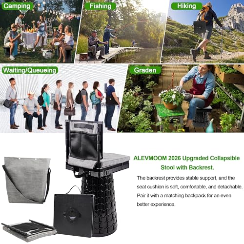 Image of ALEVMOOM 2026 Upgraded Collapsible Stool with Backrest, Cushion & Bag, Portable Telescopic Stool Heavy Duty Load Capacity 1000lbs, Square Folding Chair for Camping Gardening Fishing Hiking BBQ
