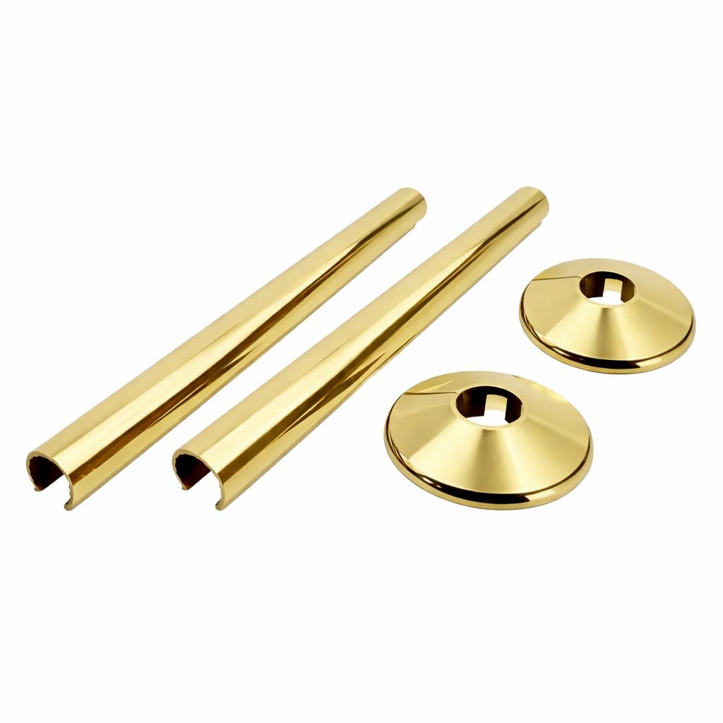 200mm Polished Brass Retro Fit Snap On Plastic/Alloy Radiator Sleeve Cover & Collar Sets Pair for 15mm Pipe — image 1