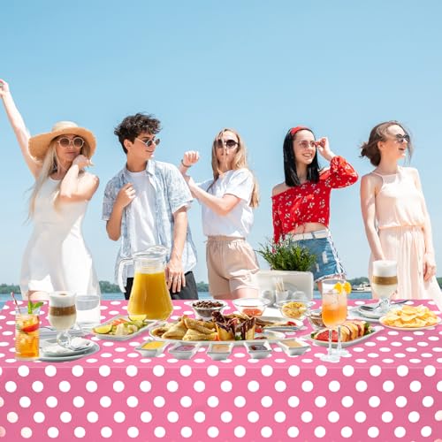 Image of WNINK 3 Pack Pink and White Polka Dot Tablecloths, Pink Disposable Plastic Waterproof Table Cover, 54 inch x 108 inch, for Birthday, Wedding, Bridal Shower, Bachelor, Pink Girl Party, and Picnic