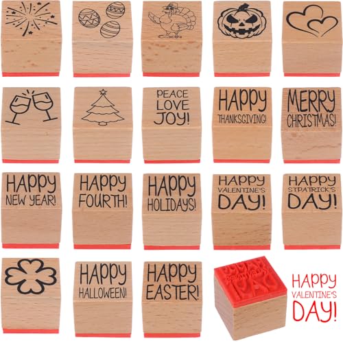 HCEWSBFD 18 Pcs All Holiday Wood Stamps Set Wooden Rubber Holiday Stamps Holiday Square Craft Stamp for Card Making Decoration and Scrapbooking Supplies Party Gift Decor