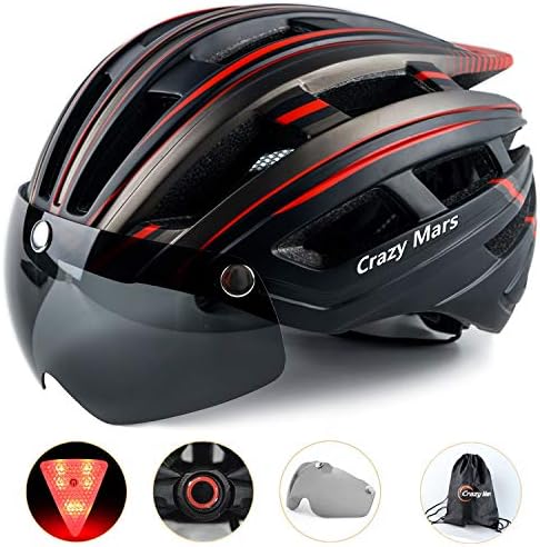 Crazy Mars Bike Bicycle Helmet - Cycling MTB BMX Helmet with Light and Magnatic Goggle Visor Men Women Adjustable