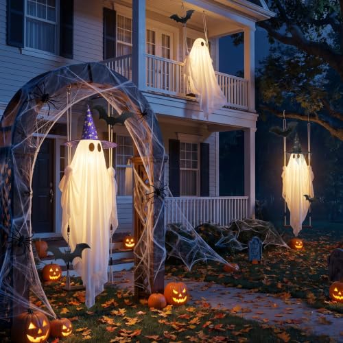 5' Sehloran Hanging Swinging Halloween Ghost w/ Bats & Witch Hat - image 8