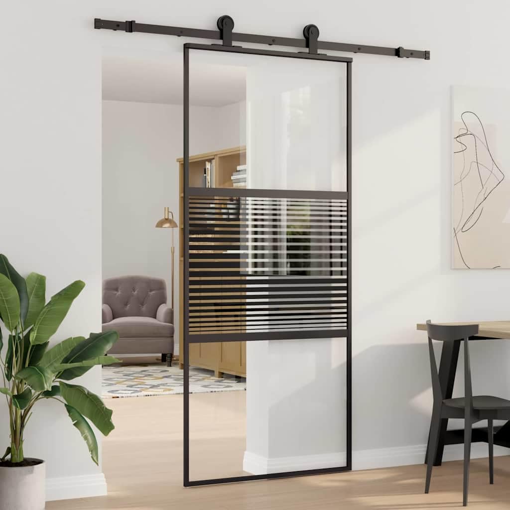 Puerta corredera de aluminio y cristal a rayas negras, tamaño total 90 x 2 x 205 cm, con tope para puerta, para interior como separador de habitaciones en el salón