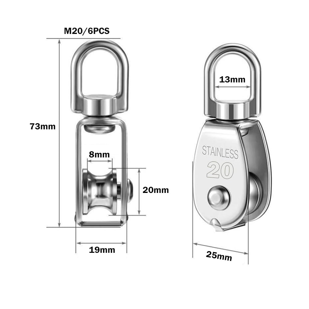 6 Stück M20 Drehbare Umlenkrollen Einzelrolle Edelstahl 304 für 8mm Seile | 360 Grad Drehbare Umlenkrolle mit Festem Auge,Tragfähigkeit: 75 kg