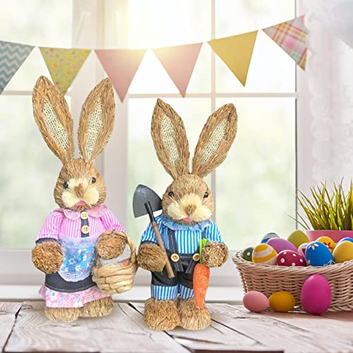 Figurines de lapins de Pâques en paille décoratives pour table de printemps