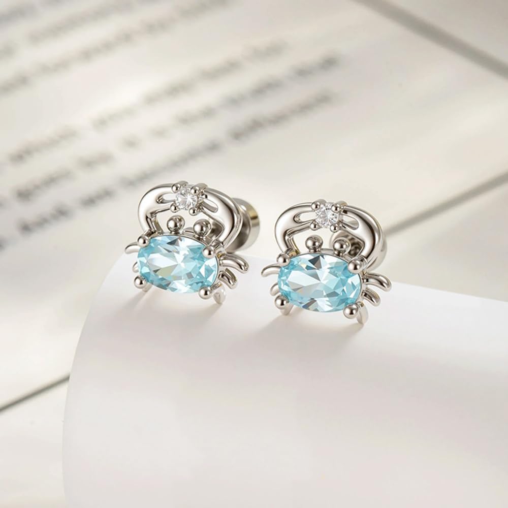 20g Cute Blue CZ Crab Flat Screw Back Small Stud Earrings for Women Titanium Steel Sparkly Crystal Ocean Animals Cartilage Tragus Piercing Little Studs Summer Holiday Jewelry for Daughter Xmas - Image 2