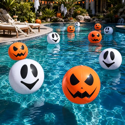Apipi 10 Pcs Summer Halloween Beach Balls Bulk - 11 Inch Pumpkin & Ghost Inflatable Beach Ball 5 Each Pool Party Decorations and Water Games for Halloween in Summer
