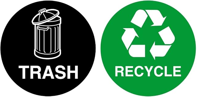 Recycling stickers for bins - Pack of 2 Recycle and Trash recycling signs - 100mm diameter - Self adhesive vinyl stickers