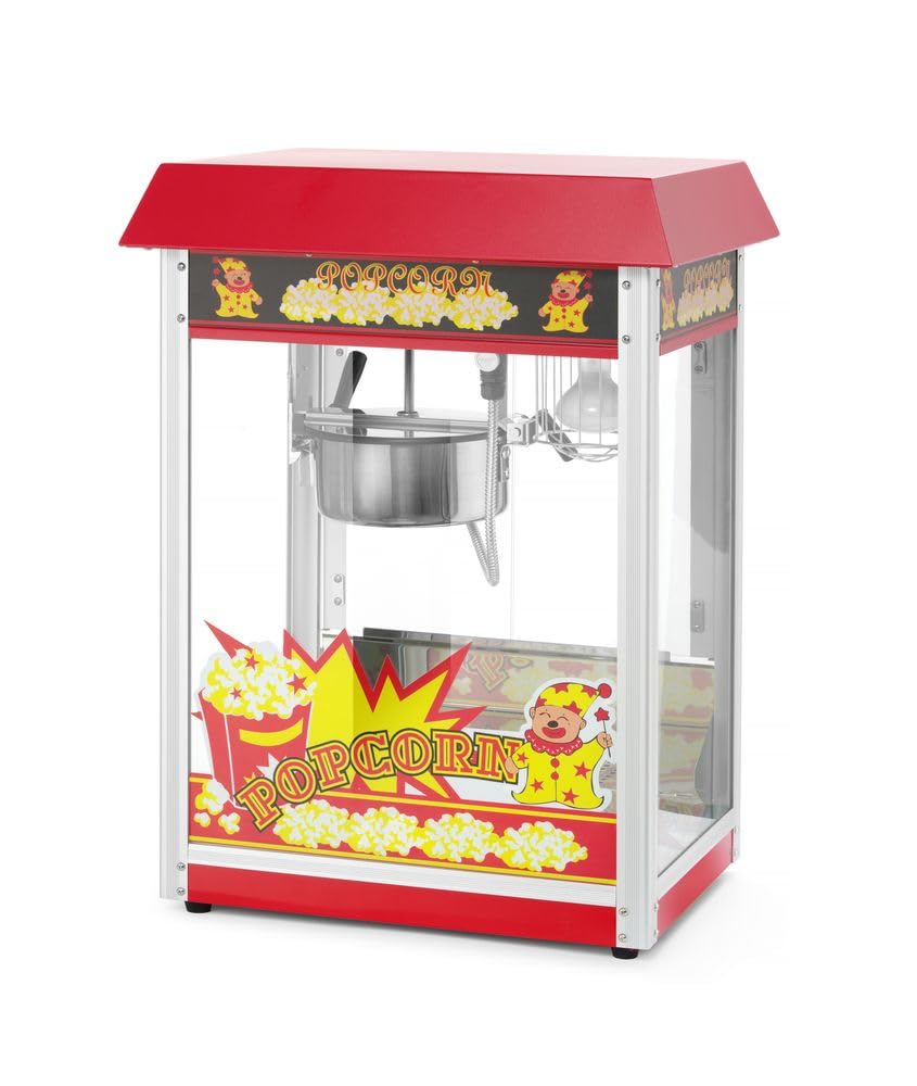HENDI Popcornmaschine, mit Schaufel, Heizpfanne mit Rührwerk, beleuchteter Innenraum, Popcorn Maker, Warmhaltevitrine, 230V/1155W, 560x420x(H)760mm, Edelstahl, Aluminium, Glas, rot