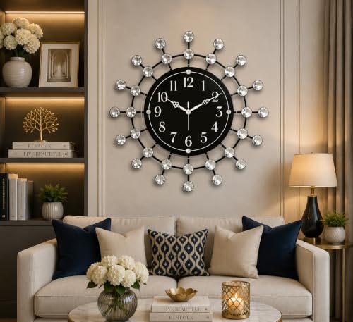 Image of CHRONIKLE Beautiful Floral Design Round Diamond Studded Home /Office Decor Analog Metal Wall Clock with Sweep Movement (Size: 36.5 x 5 x 36.5 CM | Color: Black | Weight: 805 grm)
