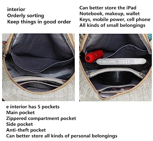 Image of Womens Cotton Hemp Cloth Backpack Boho Vintage Embroidered Casual Purse Handbags Messenger Bag Litchi