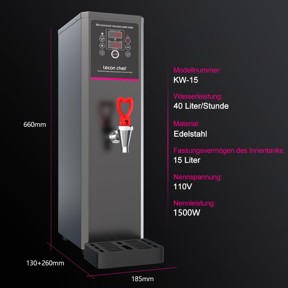 Lecon Distributore di acqua calda, 15 l, distributore di acqua in acciaio inox, 3000 Watt, riscaldamento rapido, macchina per acqua calda elettrica con timer, visualizzazione del tempo di temperatura