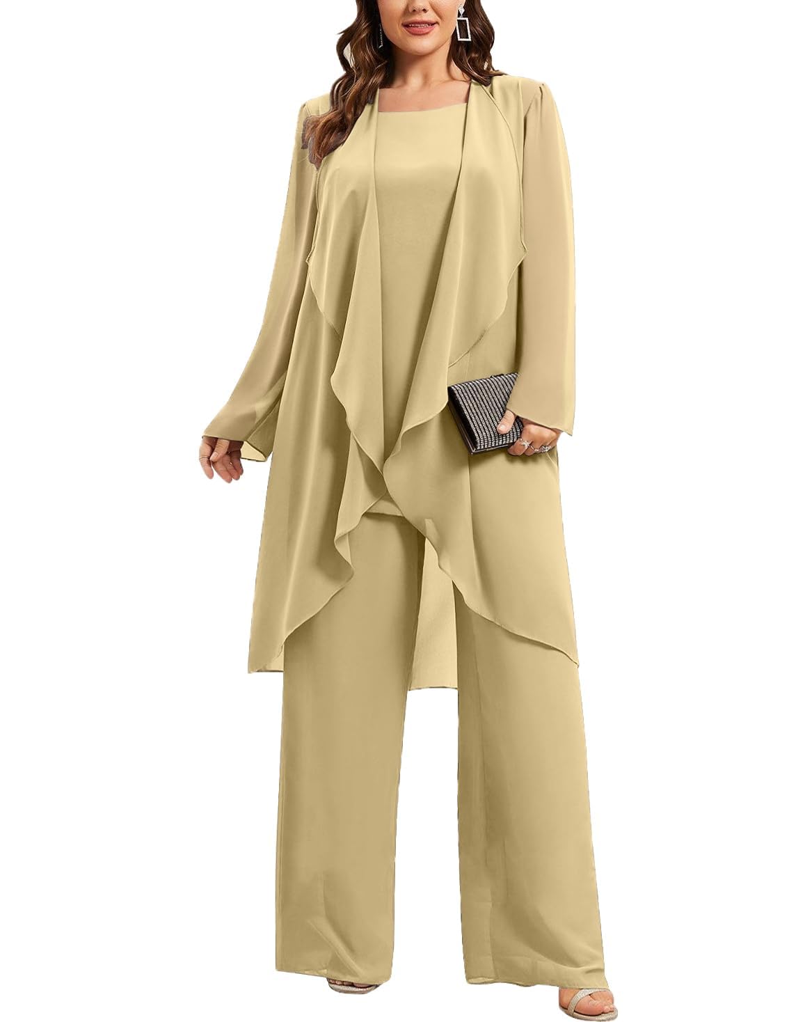 3 Pcs Mother of Bride Pant Suits for Women -Ruffle Chiffon Pleated Wedding Guest Formal Evening Outfit with