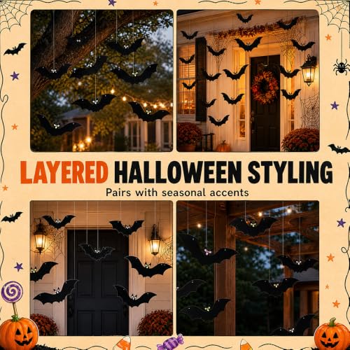 Image of Hanging Bats Halloween Decoration Outside, 2026 New Light Up Bat Decor, Versatile Bat Party Decorations, Removable Bat Decals for Garage Door and Window (12, Red, Small)