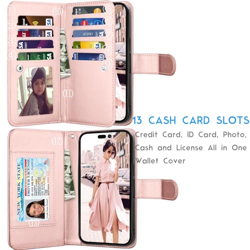 Tekcoo Wallet Case Compatible with iPhone 15 Pro (6.1 inch) 2023 Luxury ID Cash Credit Card Slots Holder Carrying Pouch Folio Flip PU Leather Cover [Detachable Magnetic Hard Case] Strap [Rose Gold]