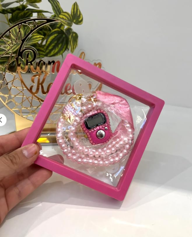 Image of Digital Prayer Counter Tasbih with Display Screen, Pink Pearl Beads, Decorative Frame Display