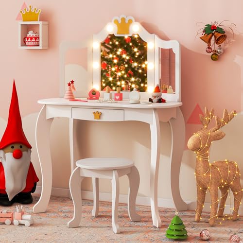 Image of KOTEK Kids Vanity with Lights, Crown Girls Vanity Set w /Tri-Folding Mirror, Detachable Top, Stool & Drawer, Wooden Toddler Makeup Desk, Pretend Play Kids Vanity Table and Chair Set (Classic White)