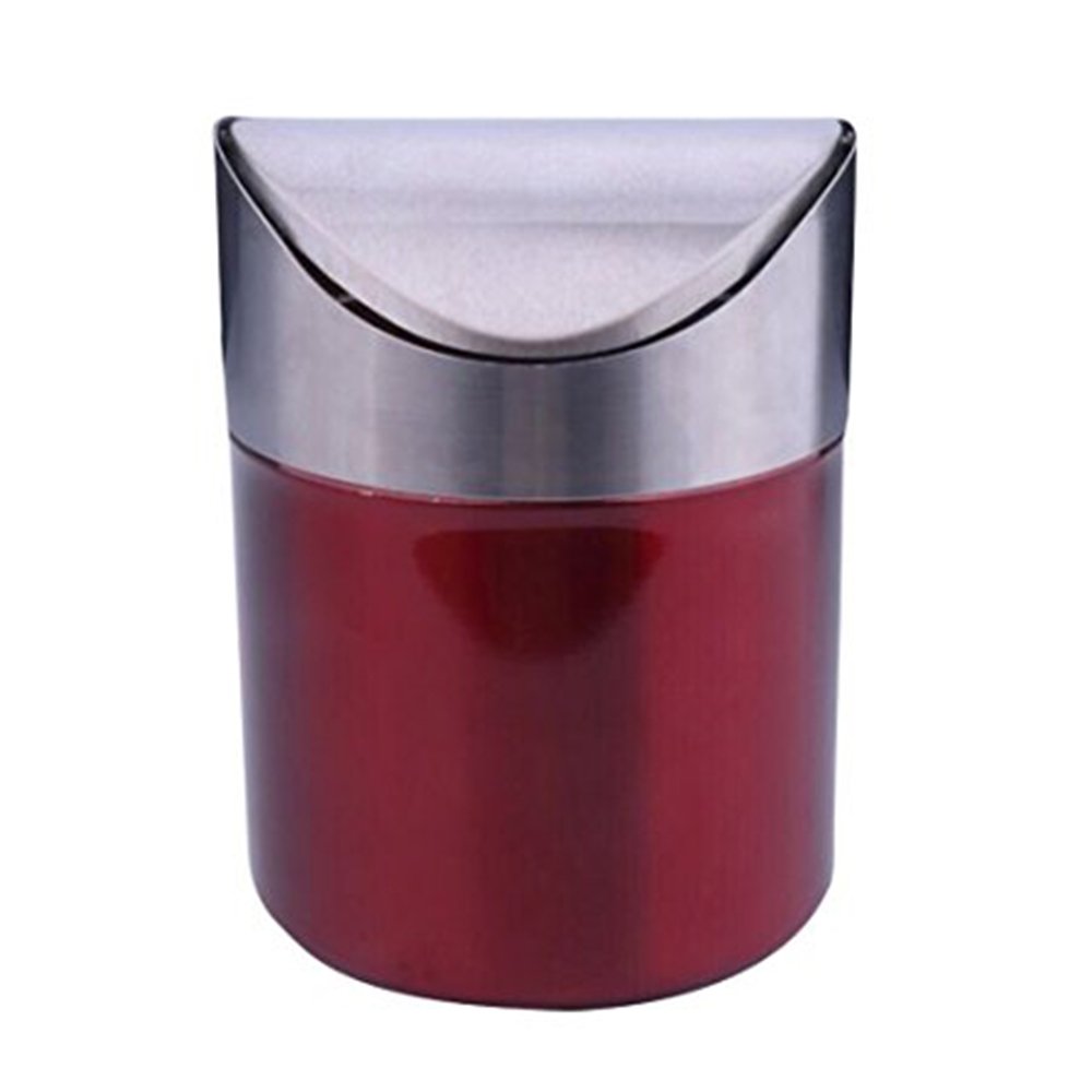 Sundarling Stainless Steel Mini Countertop Trash Bin 1.5L Car Dust Bin Swing Lid Kitchen Worktop Trash can (Red)