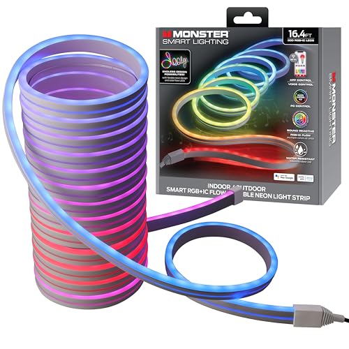 Monster Smart Neon LED Light Strip, 16.4 Ft RGB+IC Wi-Fi LED Rope Light, Water Resistant for Outdoor & Indoor, Compatible with Alexa Google Home & Siri, App & Voice Control, Sound Reactive, Flexible