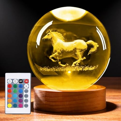 Veilleuse boule de cristal 3D en forme de cheval GOEDCH 8 cm avec socle en bois : veilleuse boule...