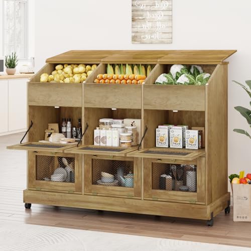 RoswdPkwy Large Potato Storage Bin, Wooden Bread Bins with Wheel, Movable Onion Storage Bin with Grocery Section, Vegetable Storage Box for Kitchen Pantry, Brown