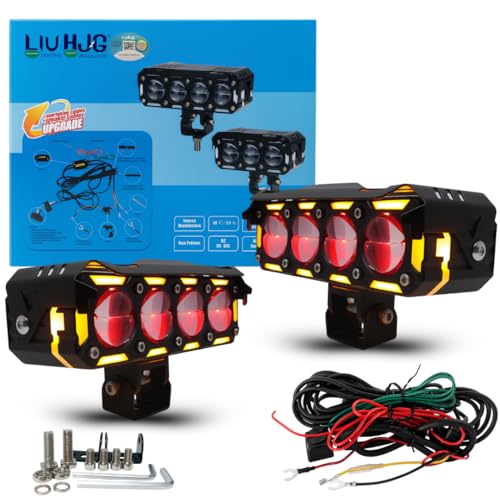 LIU HJG Dual Cut Lens 4 Lens LED Fog Light With Wiring Kit Waterproof & Dustproof 300W 12V DC Power Yellow, White, Red Devil Eye Light, Yellow DRL...