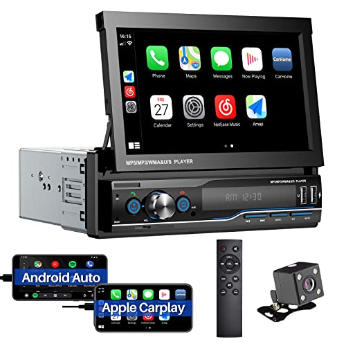 Image of Single Din Car Stereo 7 Inch Flip Out Capacitive Touch Screen Car Radio Compatible with CarPlay and Android Auto, Support Bluetooth Mirror Link GPS Navigation FM Radio SWC + Rearview Camera