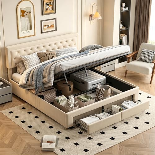FOERPL Polsterbetten 160 x 200 cm, mit hydraulischer Aufbewahrung und 2 Schubladen, Doppelbett 160 x 200 cm, mit Kopfteil und Lattenrost, Samt (ohne Matratze)