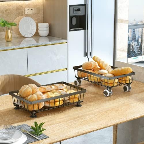SAYZH Fruit Baskets, 2 Tier Detachable Stackable Fruit Rack with Banana Hanger, Kitchen Metal Vegetable Storage Rack for Fruit and Veg storage, Black