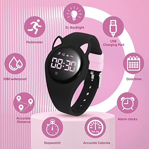 Kids Watch, Digital Watch, Sport Watch with Alarm Clock, Stopwatch, Waterproof Fitness Tracker with No App for Ages 5-12 Children (MEHeipin-Black Pink)2