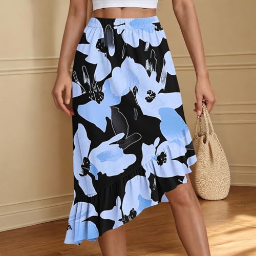 Women's Fashion Print A-Line Skirt, High Waist Ruched Irregular Ruffle Hem Skirts Beach Party Casual Clothes4