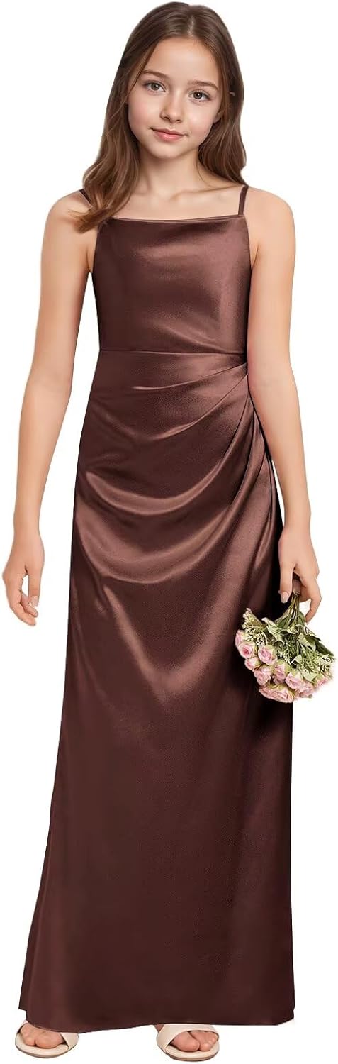 dideyttawl Junior Bridesmaid Dress for Wedding Sheath Square Neck Pleated Satin Flower Girl Dress 2520