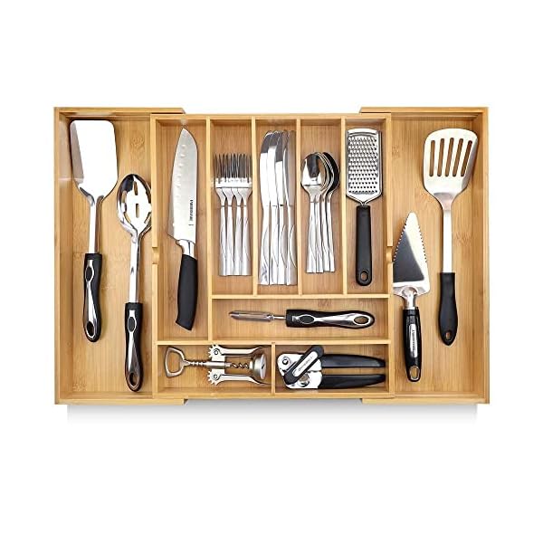 Pristine Bamboo Silverware Organizer - Expandable Kitchen Drawer Organizer - Adjustable Kitchen Drawer Organizer for Utensils, Expandable to 25 Inches Wide, 10 Compartments, Silverware Tray for Drawer