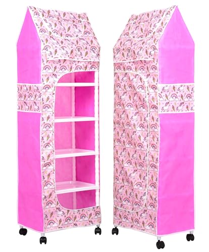 Image of HYSEYY Baby Wardrobe Plastic Kids Storage Rack with Fabric Cover & Wheels | 6-Tier Plastic Shelves Organizer | Toy, Book & Clothes Storage Cabinet for Kids Room (Unicorn Pattern)