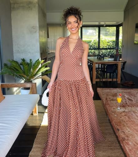 Women's Polka Dot Maxi Dress Halter Neck Sleeveless Drop Waist Flowy Summer Wedding Beach Sundress2