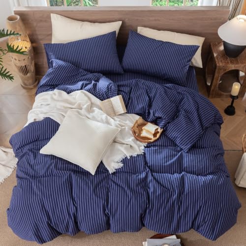 Image of MooMee Striped Duvet Cover Set 100% Washed Cotton Linen Like Queen | Relaxed Linen-like Texture. Soft, Breathable & Long-lasting Comfort. Lightweight. Hidden Zipper with 8 Interior Corner Ties