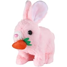 Emoin Hopping Rabbit with Carrot, Interactive Plush Bunny Toy, Animated Walking Pet with Sounds, Wiggle Ears & Twitch Nose, Sensory Play Toy Gift for Toddlers Kids,7 Inch Pink
