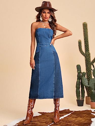 Image of WDIRARA Women's Strapless Tube Top Sleeveless Split Back Fitted Denim Midi Dress