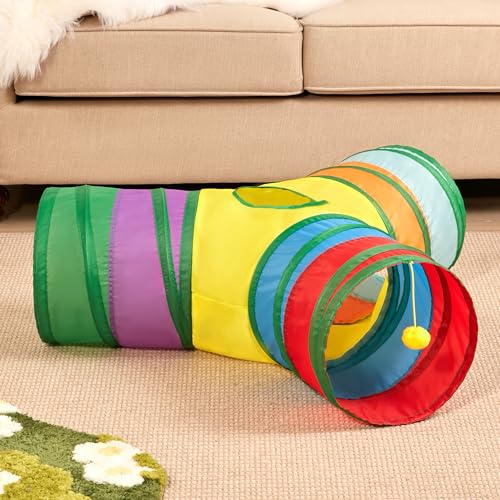 Image of Tempcore Cat Tunnel for Indoor Cats, 3 Way Collapsible Pet Play Tunnel with Teaser Wand, Peek Holes & Hanging Ball, Interactive Tube for Kittens & Rabbits, Rainbow
