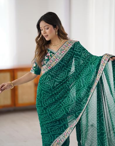 Image of SIRIL Women's Georgette Bandhani Printed Saree with Unstitched Blouse Piece