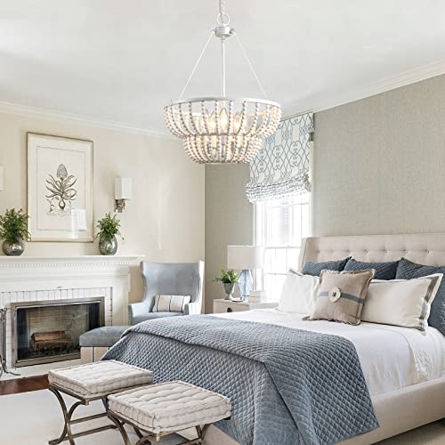 Haopent 5-Light Beaded Chandelier, 16" Farmhouse Wood Bead Chandelier Lighting With Rustic White Wood Beads For Foyer Boho Pendant Ceiling Light Fixture For Living Dining Room Kitchen Island Bedroom #TOP6