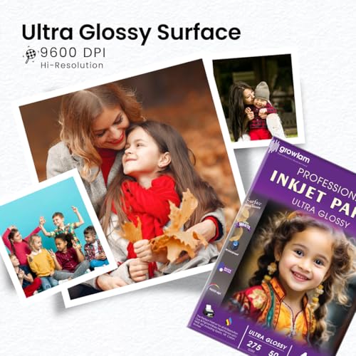 Image of Growlam Ultra Glossy Photo Paper 275 GSM A4 Size, 50 Sheets (Pack of 4) | Resin Coated Surface, Waterproof Technology, Tropical Climate Durability, Realistic Color Reproduction, Stunning Visual Depth